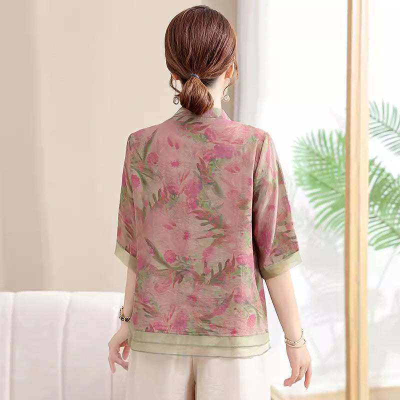 Women's Summer Atmungsaktiv Floral Kurzarm & Hose Anzug