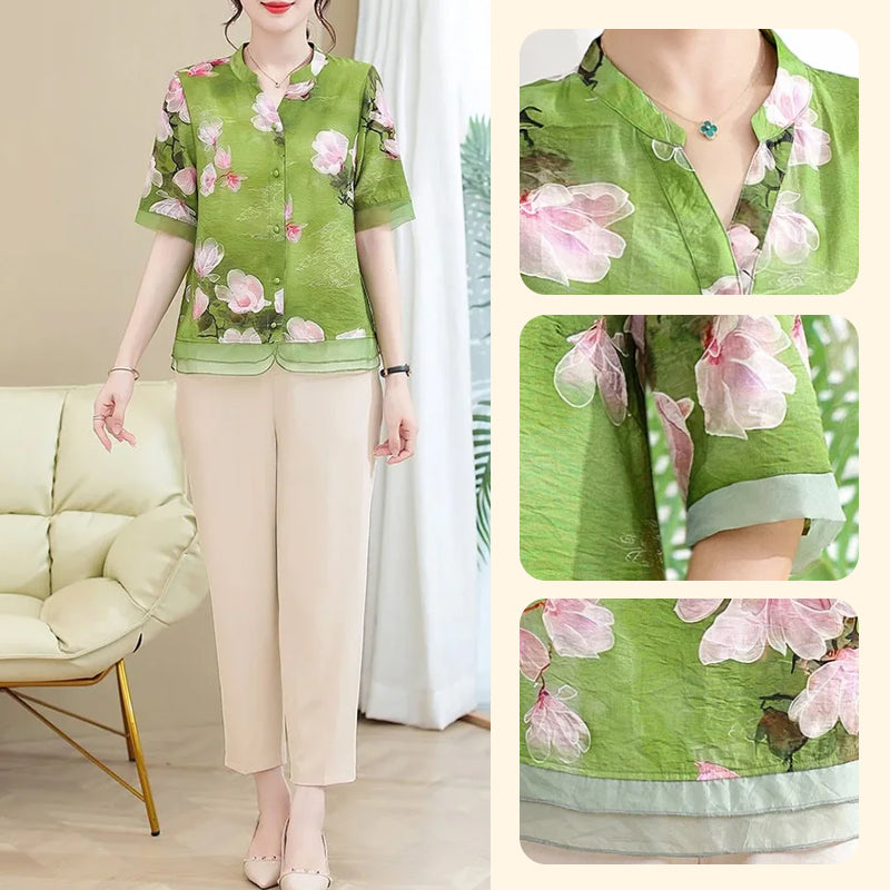 Women's Summer Atmungsaktiv Floral Kurzarm & Hose Anzug