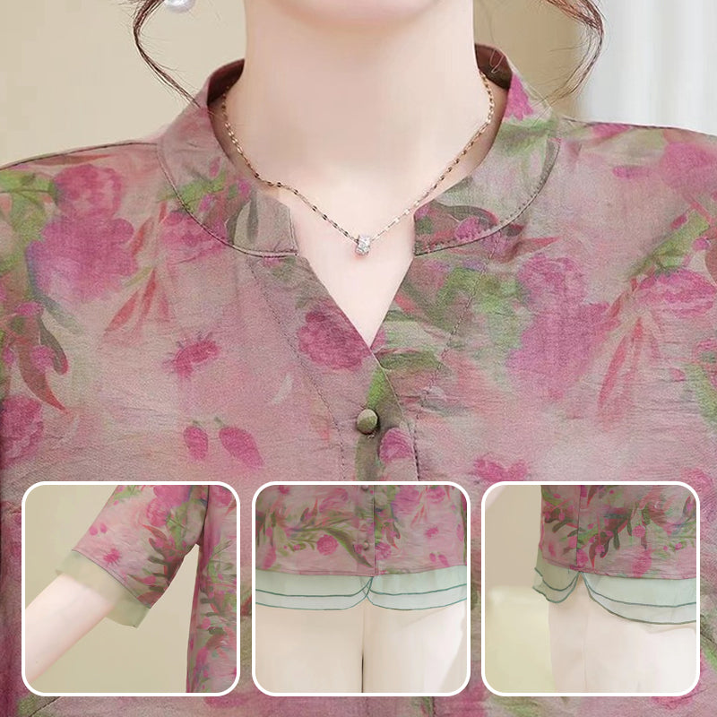 Women's Summer Atmungsaktiv Floral Kurzarm & Hose Anzug