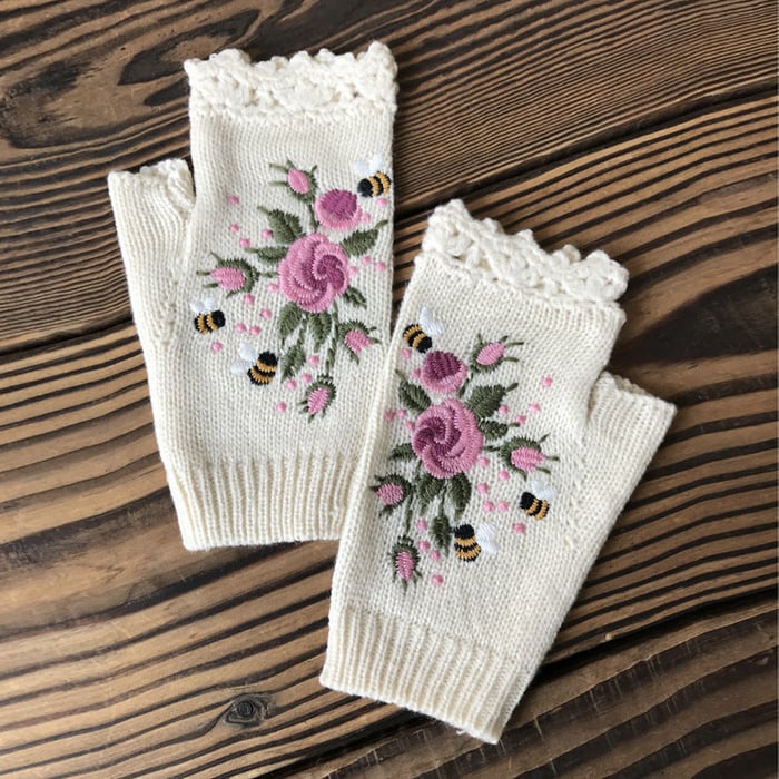 Handgestickte Handschuhe Handschuhe für Frauen Strickhandschuhe mit Blumenmuster