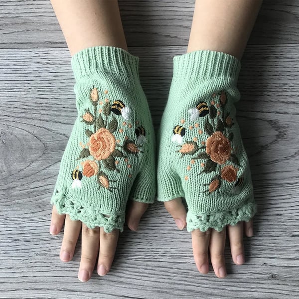 Handgestickte Handschuhe Handschuhe für Frauen Strickhandschuhe mit Blumenmuster
