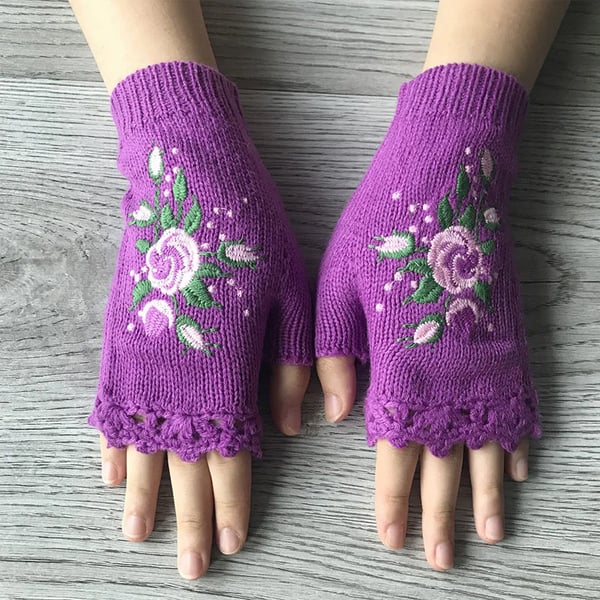 Handgestickte Handschuhe Handschuhe für Frauen Strickhandschuhe mit Blumenmuster