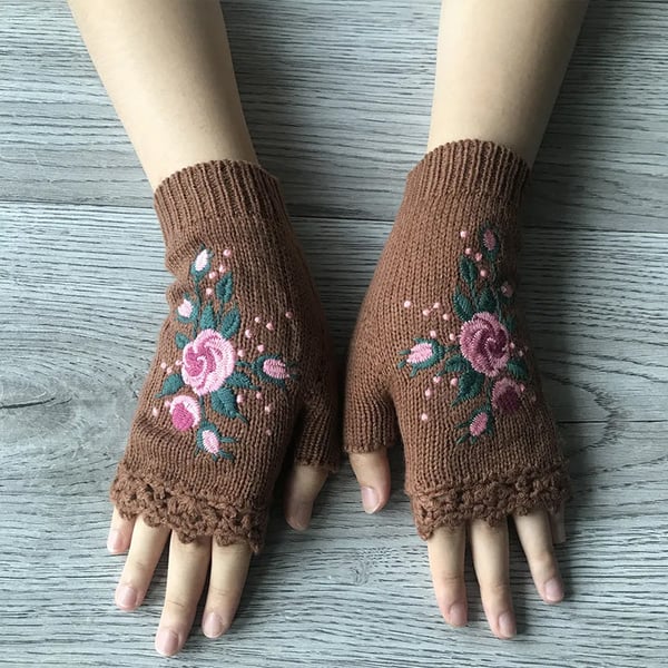 Handgestickte Handschuhe Handschuhe für Frauen Strickhandschuhe mit Blumenmuster