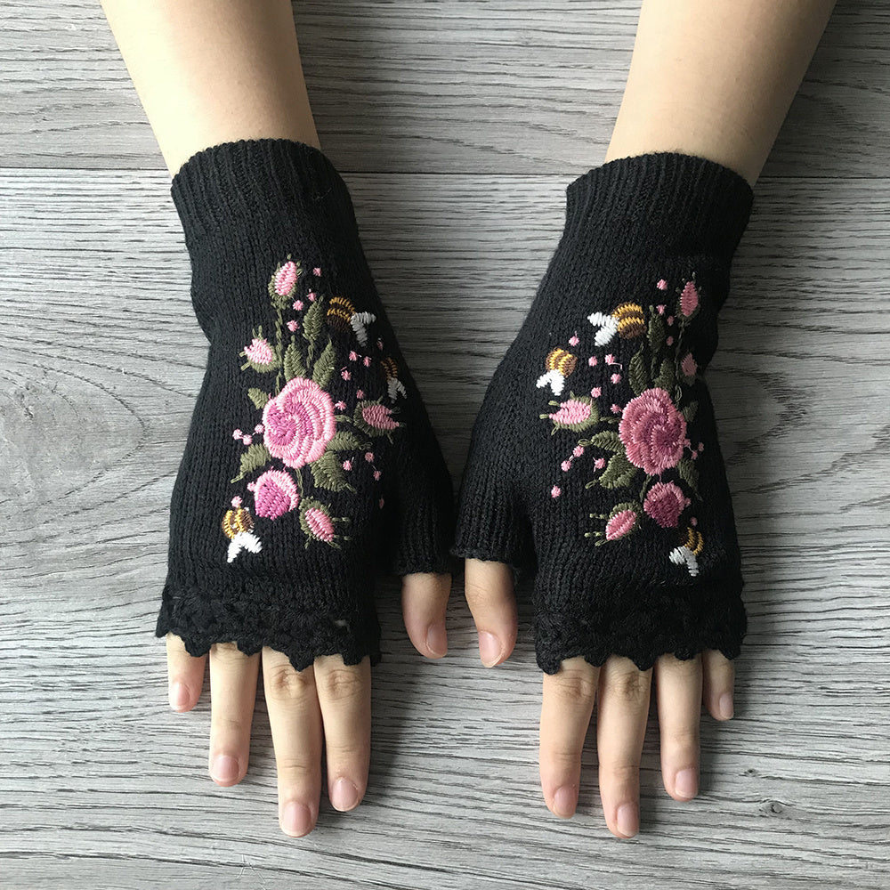 Handgestickte Handschuhe Handschuhe für Frauen Strickhandschuhe mit Blumenmuster