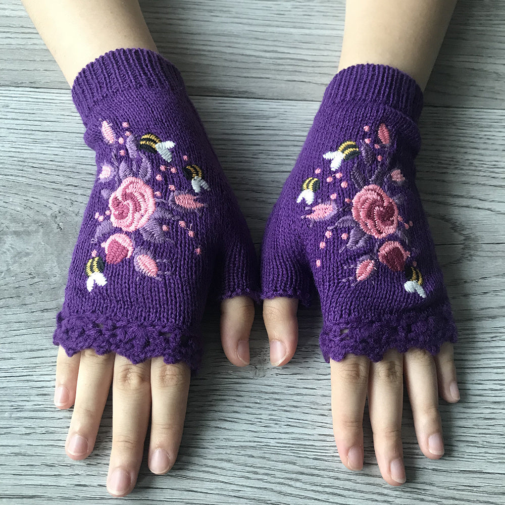 Handgestickte Handschuhe Handschuhe für Frauen Strickhandschuhe mit Blumenmuster