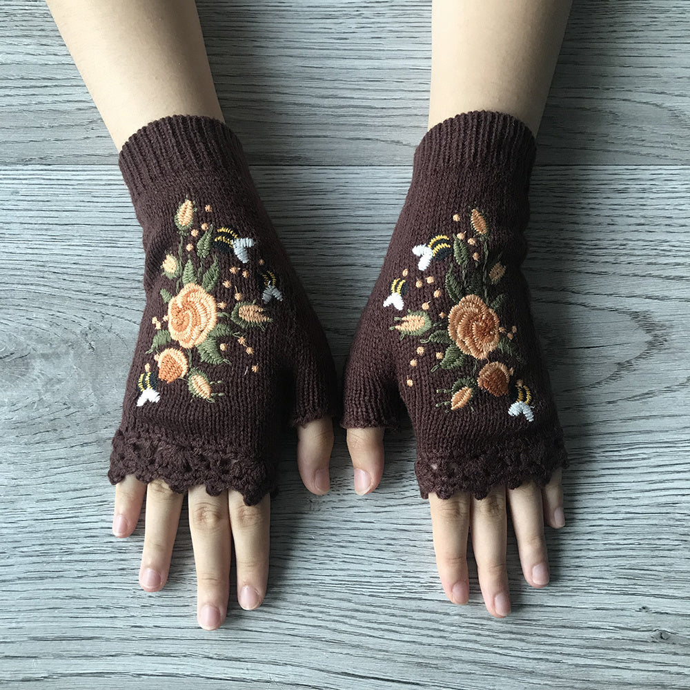 Handgestickte Handschuhe Handschuhe für Frauen Strickhandschuhe mit Blumenmuster