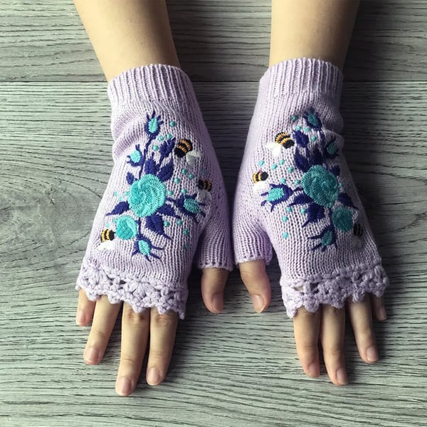 Handgestickte Handschuhe Handschuhe für Frauen Strickhandschuhe mit Blumenmuster
