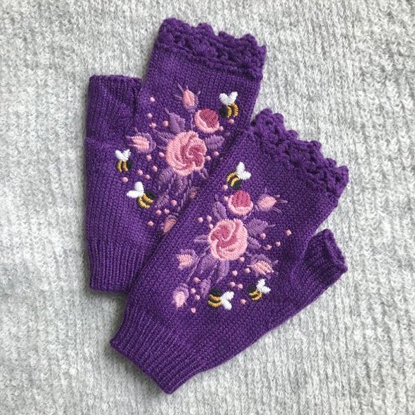 Handgestickte Handschuhe Handschuhe für Frauen Strickhandschuhe mit Blumenmuster
