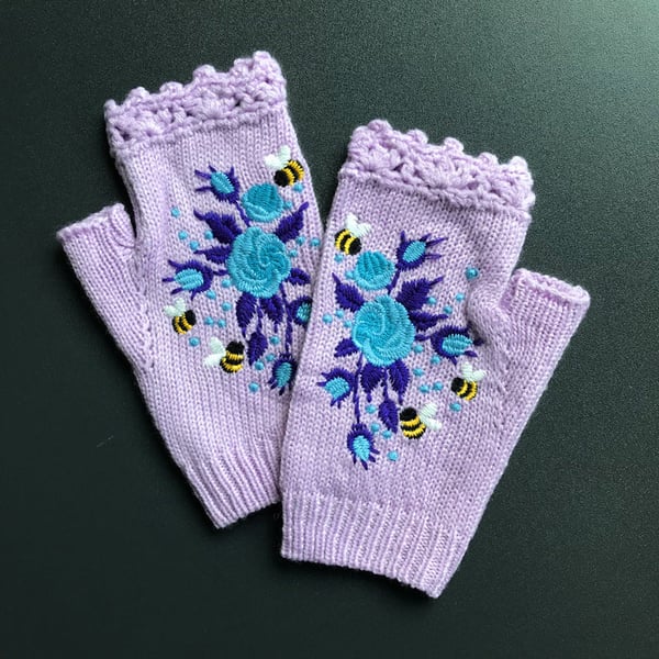 Handgestickte Handschuhe Handschuhe für Frauen Strickhandschuhe mit Blumenmuster