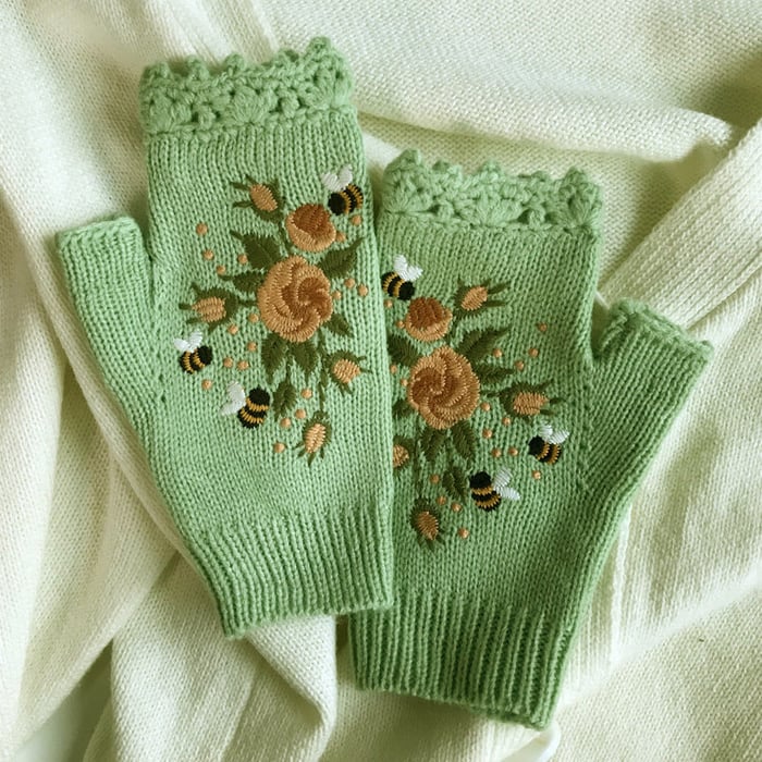 Handgestickte Handschuhe Handschuhe für Frauen Strickhandschuhe mit Blumenmuster