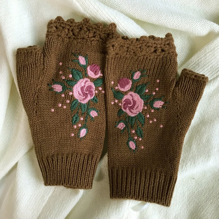 Handgestickte Handschuhe Handschuhe für Frauen Strickhandschuhe mit Blumenmuster