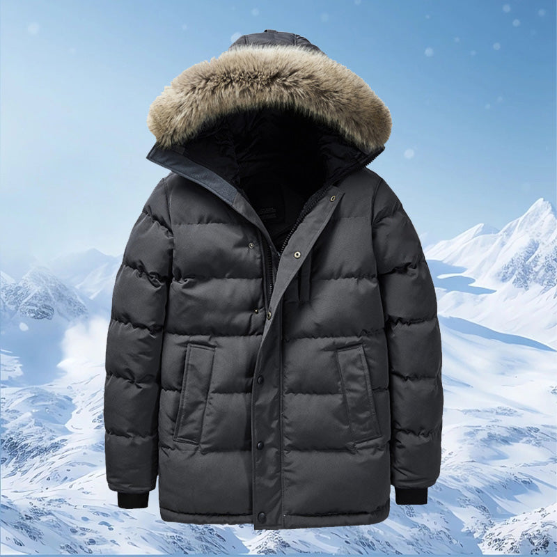 🔥Besonderes Geschenk😍 - Modische, Einfarbige, Warme Winterjacke Für Herren mit Kunstpelzkragen