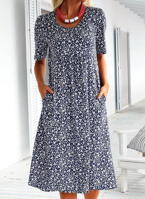 Lässiges Baumwollkleid mit U-Ausschnitt und Blumenmuster für Damen (8 Farben mit Taschen)