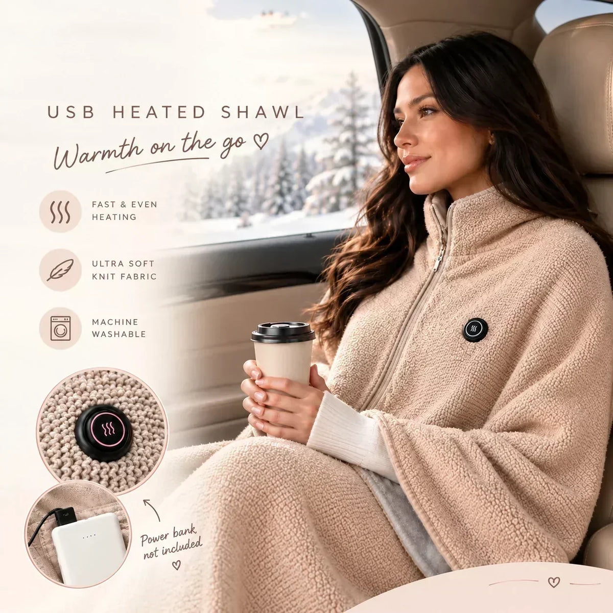 🛋️❤️Freihändig tragbarer, mit Reißverschluss versehener, beheizbarer USB-Schal | Schnelle Erwärmung für die Arbeit am Schreibtisch und zum Entspannen in Innenräumen🧣