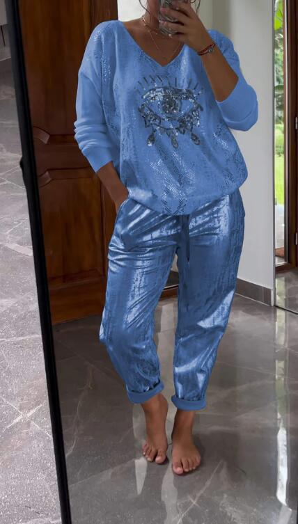 ✨ 2-teiliges Damen-Set: Goldfolien-Oberteil mit Devil's Eye Design & Pailletten-Hosen ✨