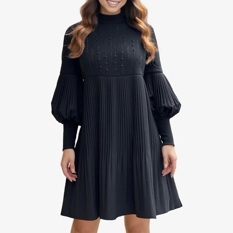 🔥50% Rabatt heute 🎁Elegantes Schwarzes Plisseekleid für Damen mit Laternenärmeln