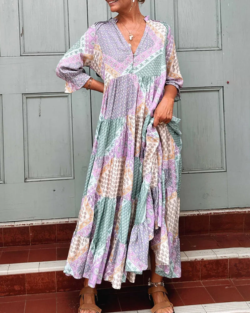 🔥2025 NEU IM ANGEBOT - 50% RABATT🔥Kleid mit Farbblock-Print und 3/4-Ärmeln