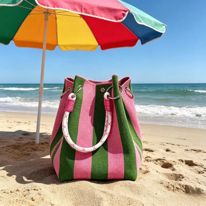 🌴 Boho Gestreifter Strick-Bucket-Bag für Damen – Handgemachte Sommer-Strand-Umhängetasche
