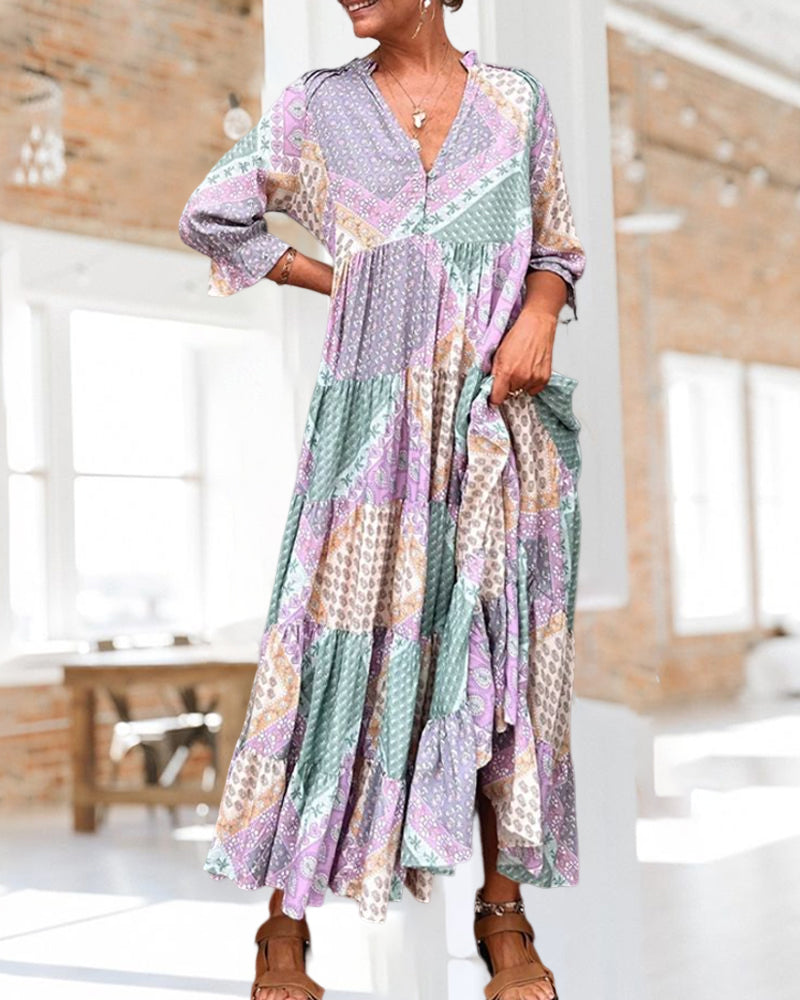 🔥2025 NEU IM ANGEBOT - 50% RABATT🔥Kleid mit Farbblock-Print und 3/4-Ärmeln