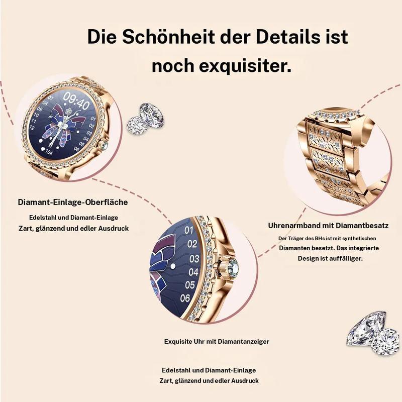 Smartwatch  Mädchen mit Telefonfunktion Diamant Design Fitnessuhr Sportuhr Elegant 1,32 Zoll HD-Großbildschirm-Digitaluhr