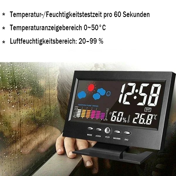 🔥bestes Geschenk-45% Rabatt🔥Digitaler LED-Temperatur- und Luftfeuchtigkeitsmonitor, Wettervorhersage, LED-Tischwecker
