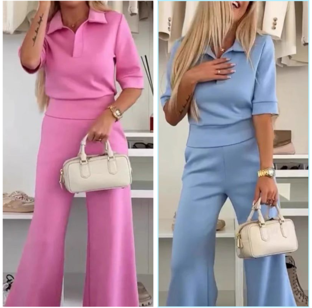 😍2-teiliges Set aus einfarbigem Reversoberteil und Hose mit weitem Bein
