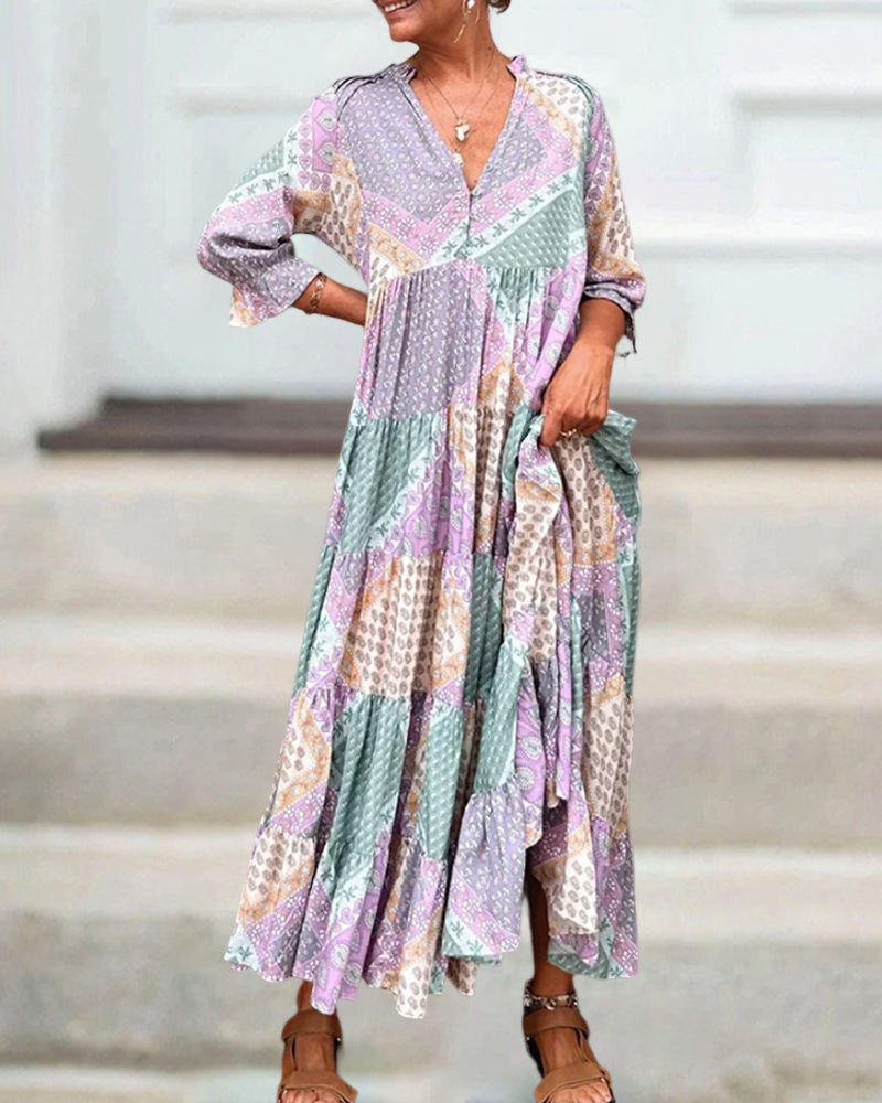 🔥2025 NEU IM ANGEBOT - 50% RABATT🔥Kleid mit Farbblock-Print und 3/4-Ärmeln