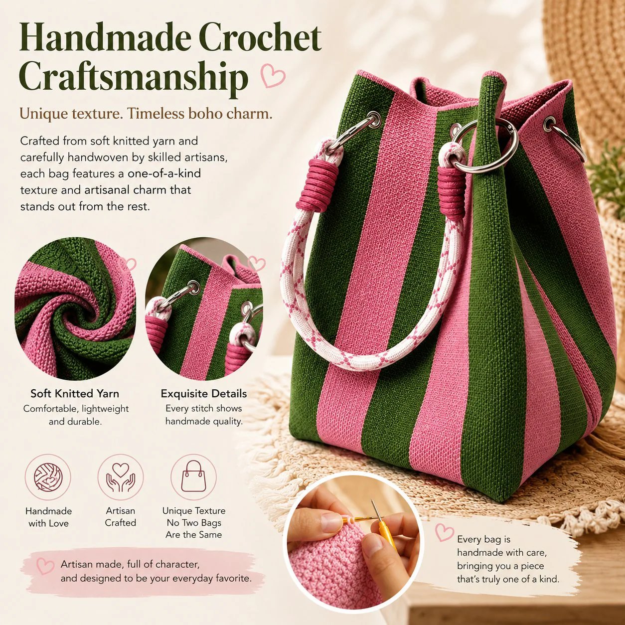 🌴 Boho Gestreifter Strick-Bucket-Bag für Damen – Handgemachte Sommer-Strand-Umhängetasche