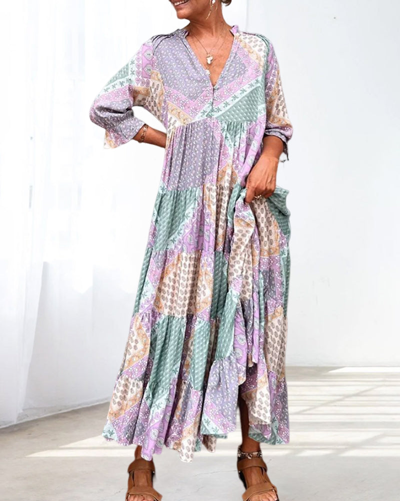 🔥2025 NEU IM ANGEBOT - 50% RABATT🔥Kleid mit Farbblock-Print und 3/4-Ärmeln