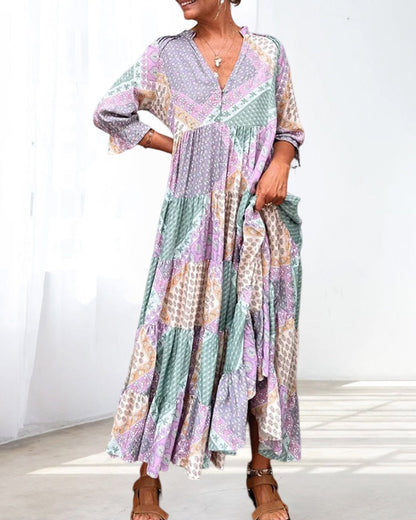 🔥2025 NEU IM ANGEBOT - 50% RABATT🔥Kleid mit Farbblock-Print und 3/4-Ärmeln