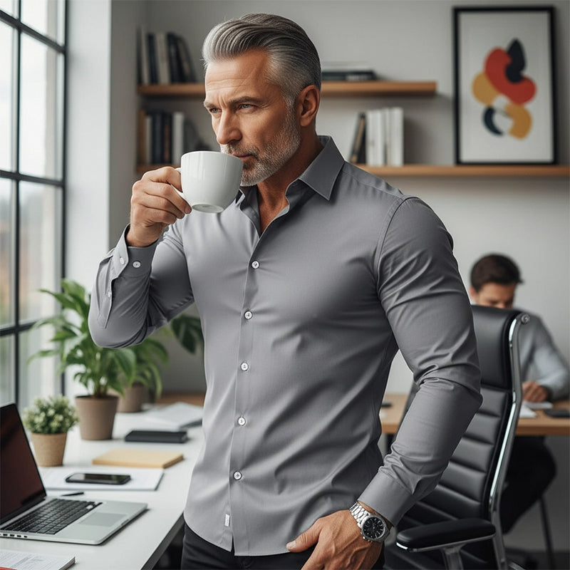 🔥Black-Friday-Mega-Angebot – 50 % Rabatt!🔥Herren Langarmhemd mit Stehkragen in Uni