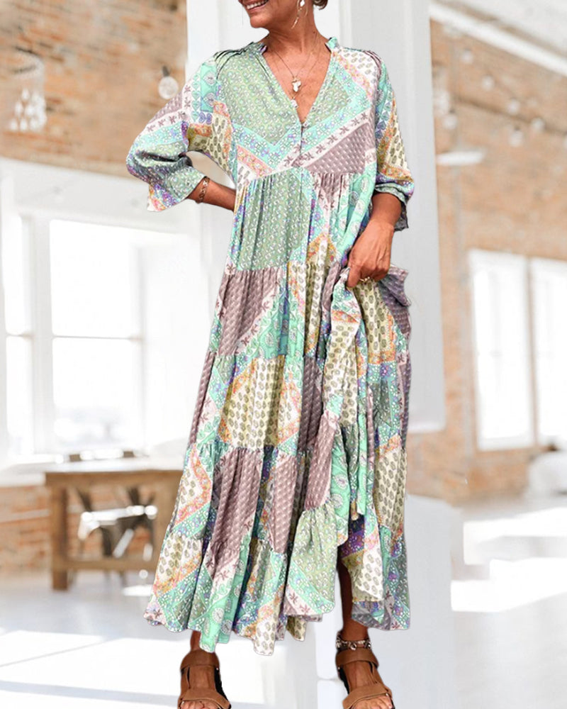 🔥2025 NEU IM ANGEBOT - 50% RABATT🔥Kleid mit Farbblock-Print und 3/4-Ärmeln