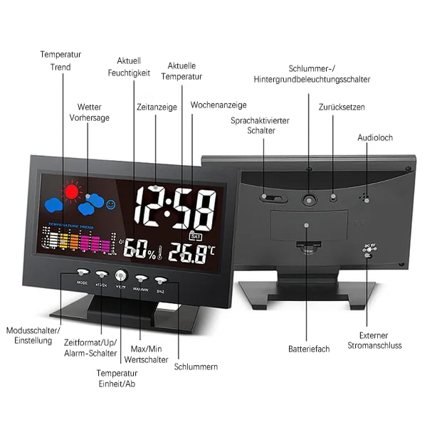 🔥bestes Geschenk-45% Rabatt🔥Digitaler LED-Temperatur- und Luftfeuchtigkeitsmonitor, Wettervorhersage, LED-Tischwecker