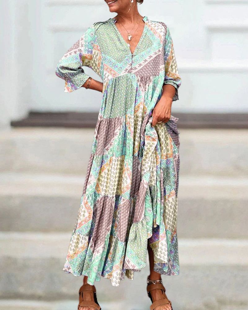 🔥2025 NEU IM ANGEBOT - 50% RABATT🔥Kleid mit Farbblock-Print und 3/4-Ärmeln