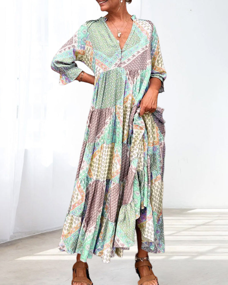 🔥2025 NEU IM ANGEBOT - 50% RABATT🔥Kleid mit Farbblock-Print und 3/4-Ärmeln