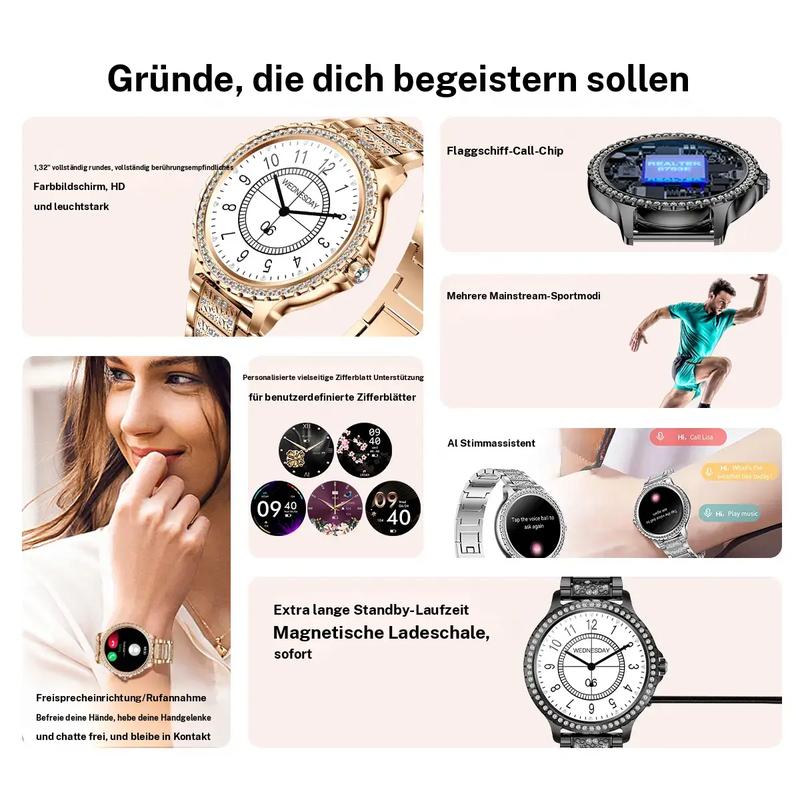Smartwatch  Mädchen mit Telefonfunktion Diamant Design Fitnessuhr Sportuhr Elegant 1,32 Zoll HD-Großbildschirm-Digitaluhr