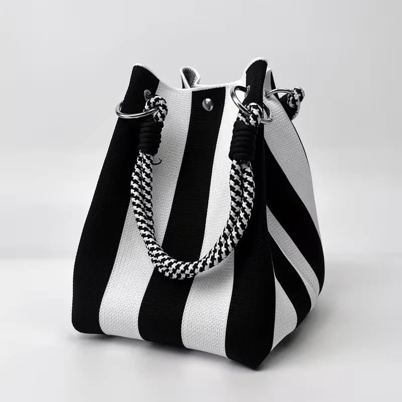 🌴 Boho Gestreifter Strick-Bucket-Bag für Damen – Handgemachte Sommer-Strand-Umhängetasche