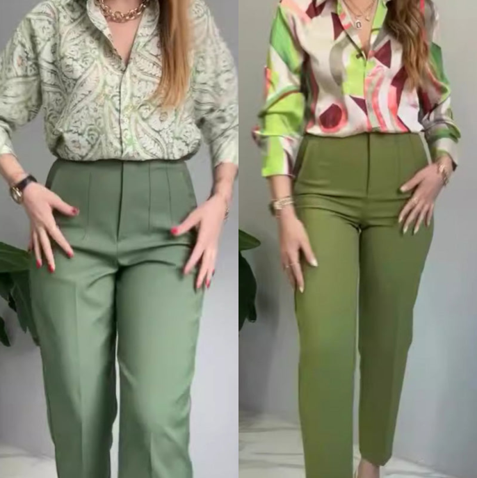 🔥🌸2-teiliges Set aus bedrucktem Hemd und Hose mit Knöpfen für Damen