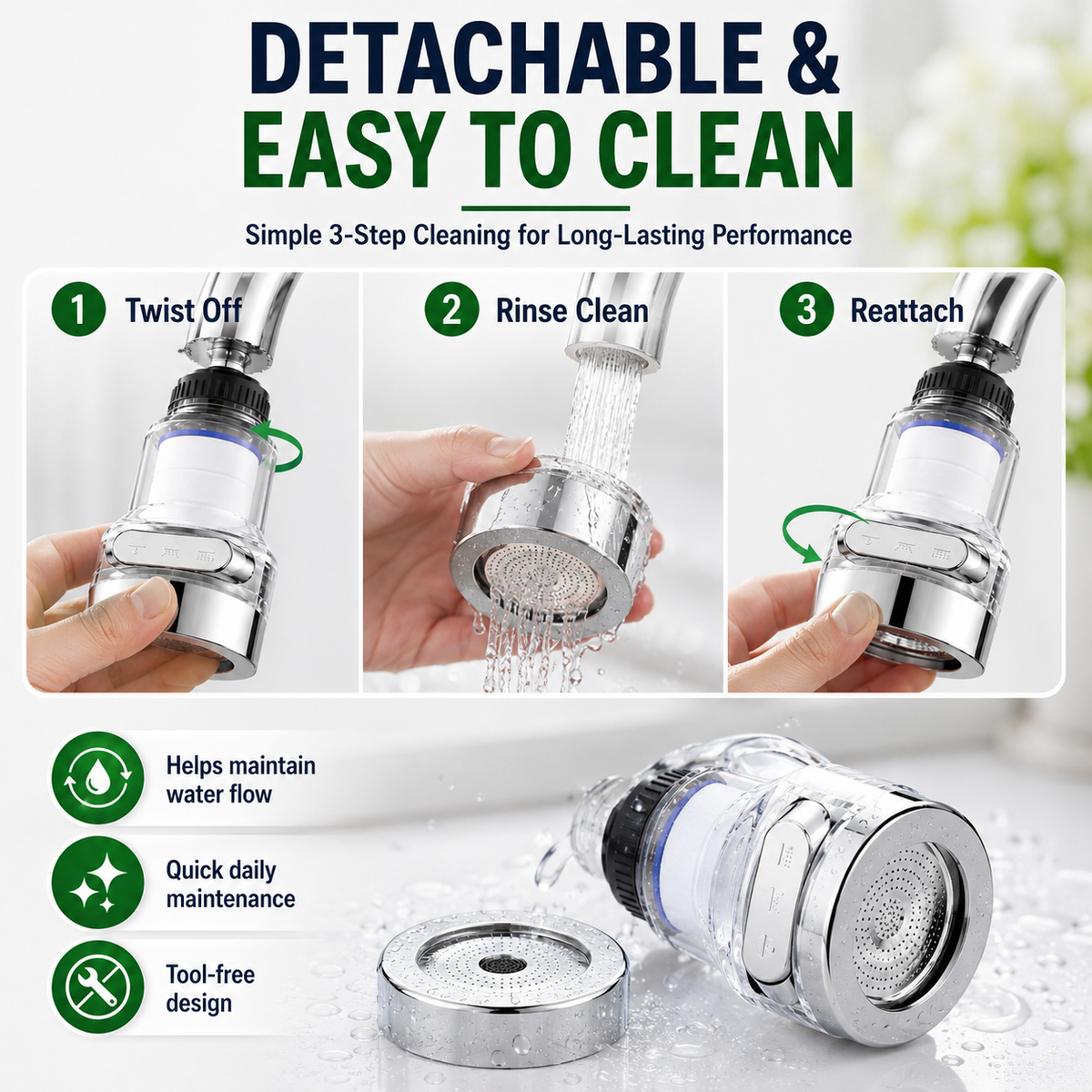 🚰 KAUFE 1, ERHALTE 1 GRATIS! 🔥Wasserhahnfilter-Aufsatz mit 360°-Drehung und 3 Sprühmodi