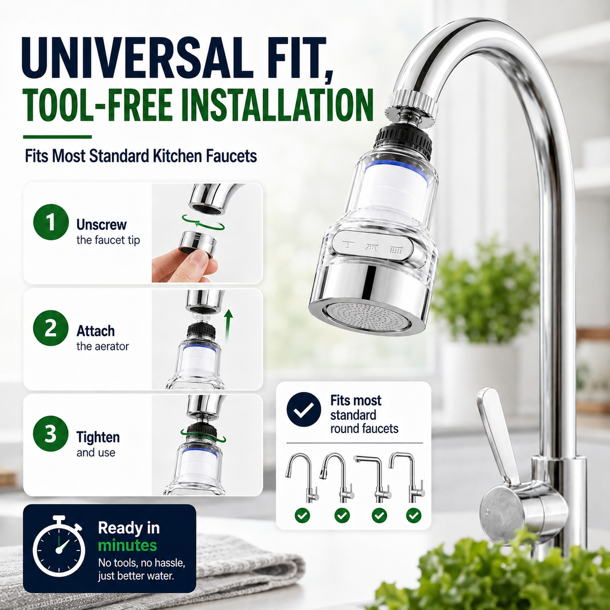 🚰 KAUFE 1, ERHALTE 1 GRATIS! 🔥Wasserhahnfilter-Aufsatz mit 360°-Drehung und 3 Sprühmodi