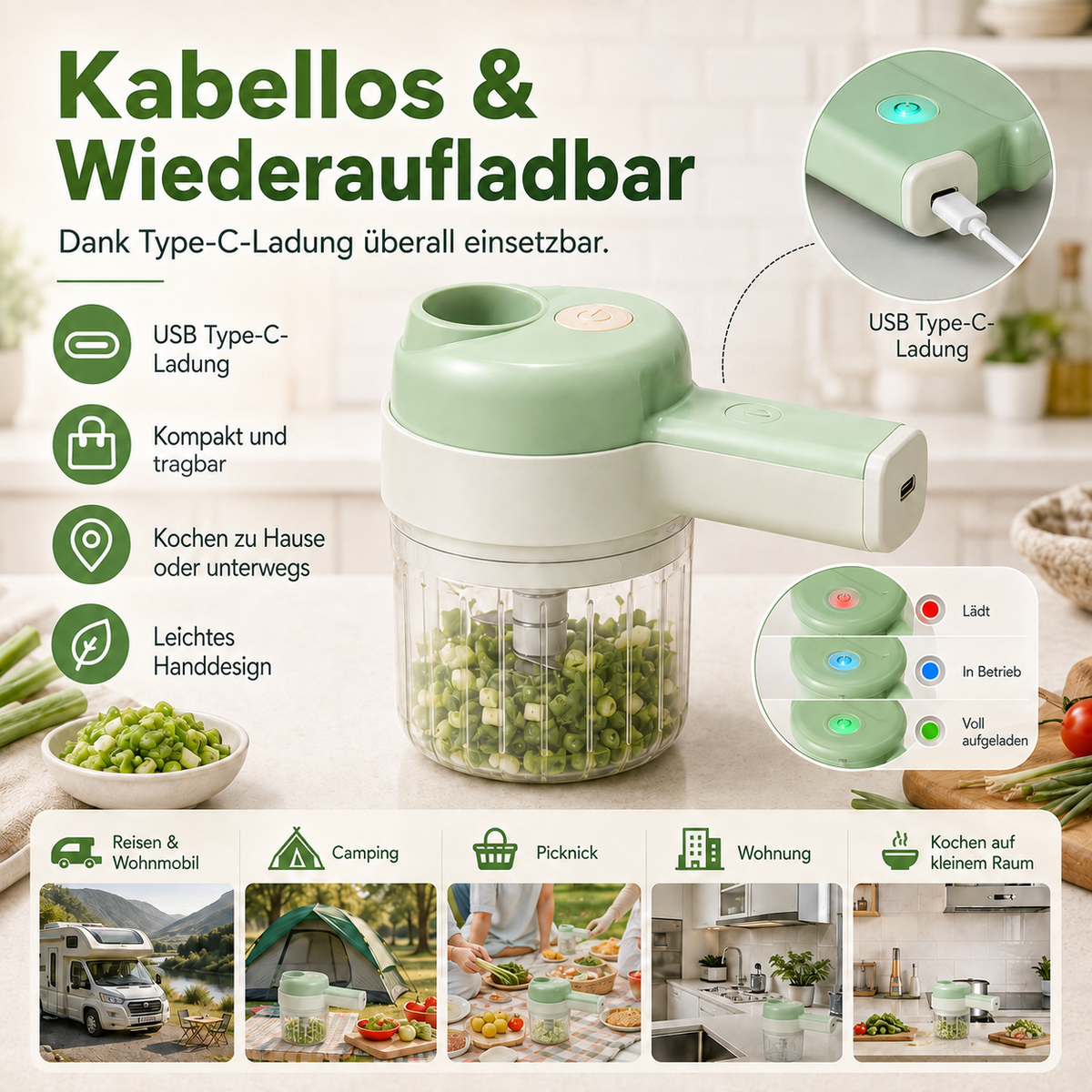 🥕🍳4-in-1-Set aus manuellem und elektrischem Gemüseschneider – Multifunktionale Akku-Küchenmaschine