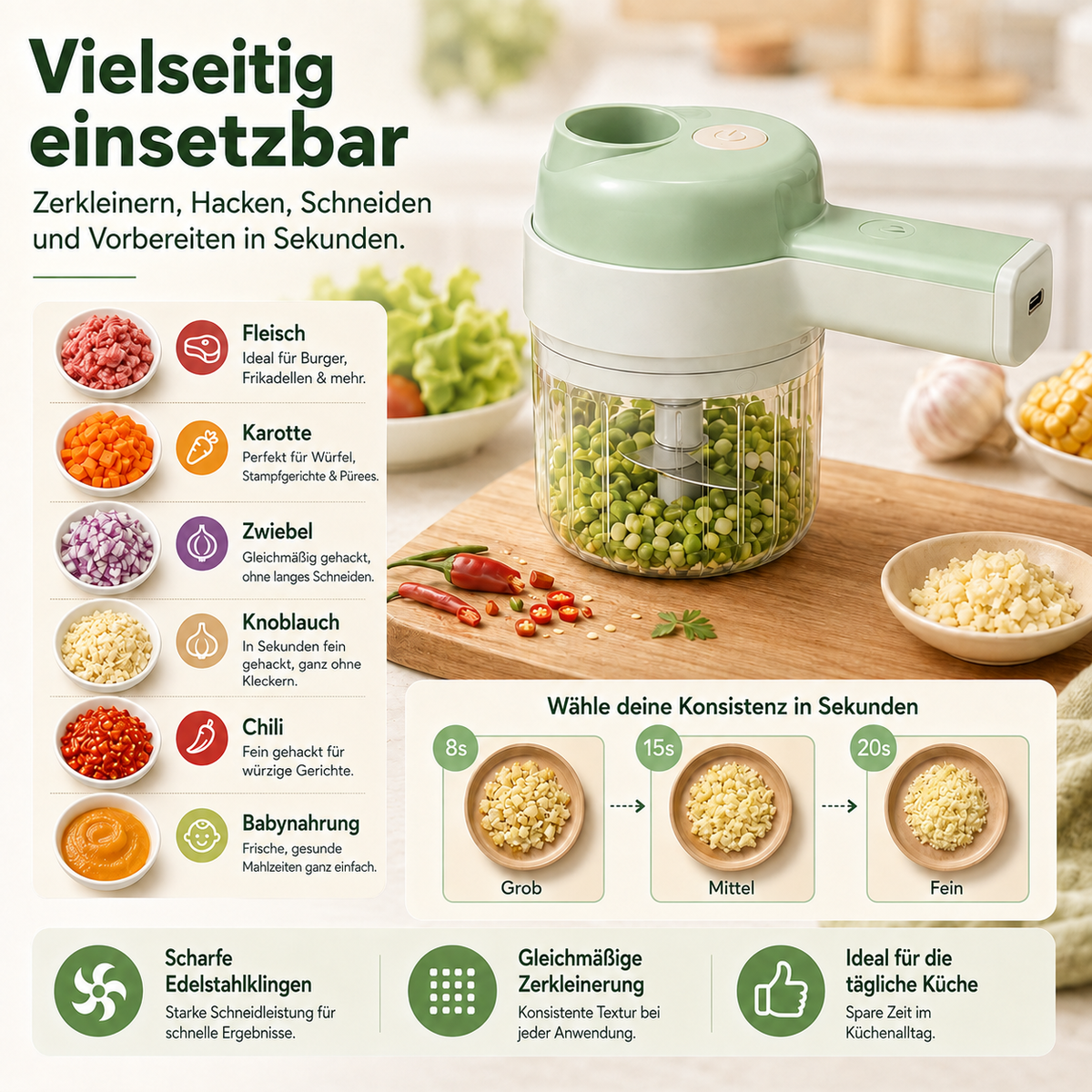🥕🍳4-in-1-Set aus manuellem und elektrischem Gemüseschneider – Multifunktionale Akku-Küchenmaschine