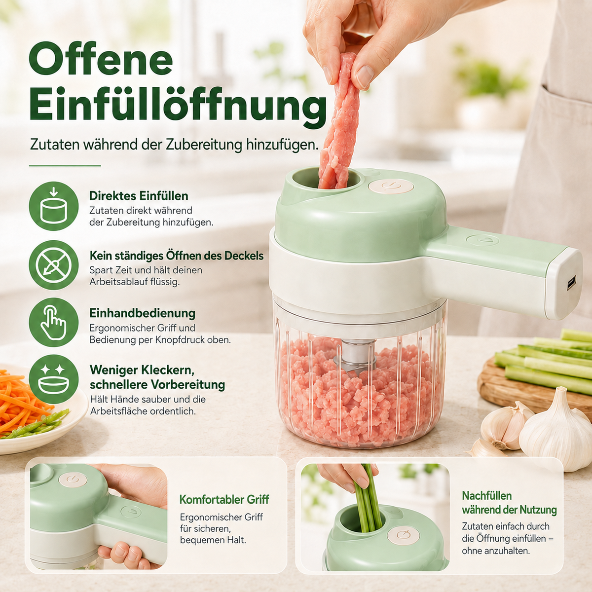 🥕🍳4-in-1-Set aus manuellem und elektrischem Gemüseschneider – Multifunktionale Akku-Küchenmaschine
