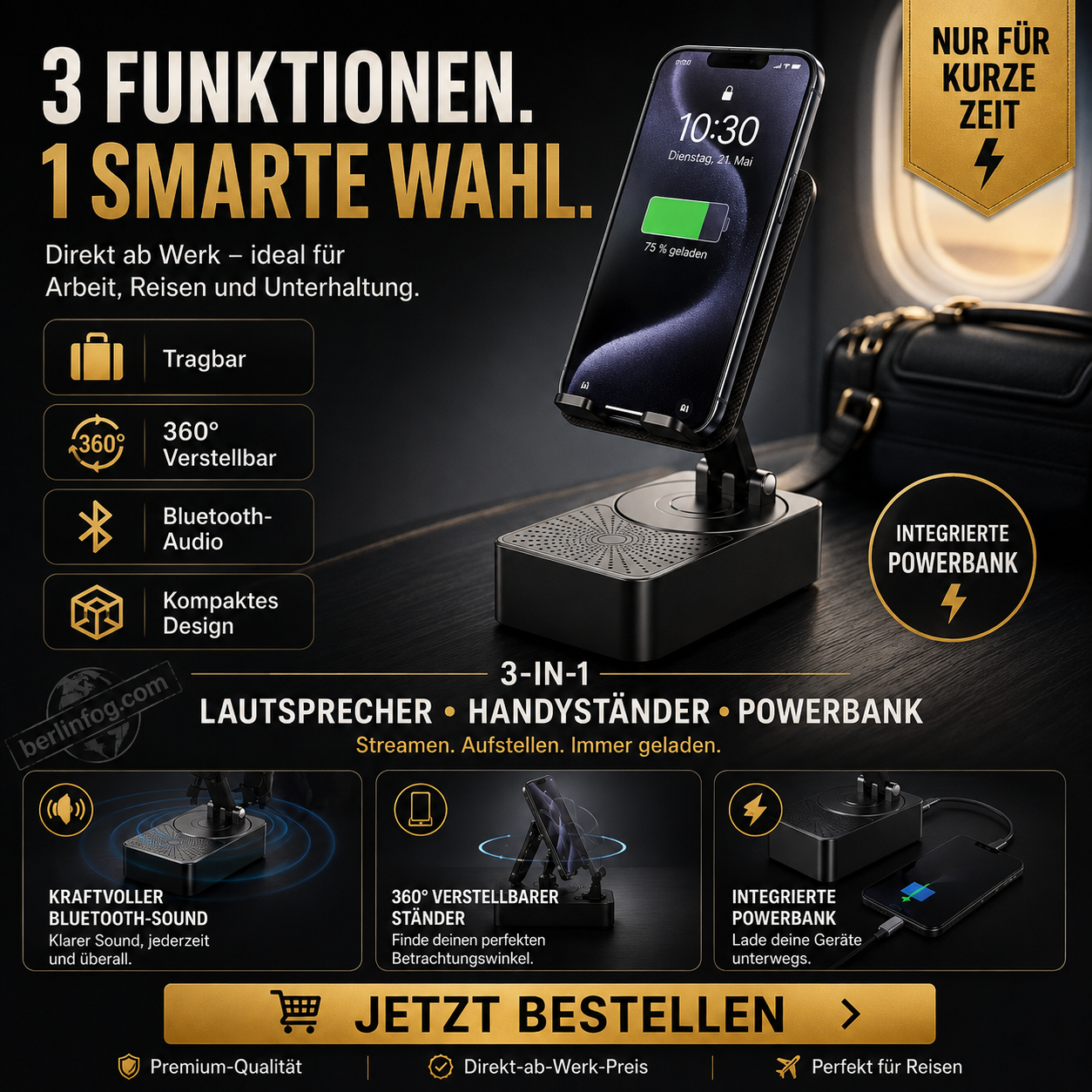 Geschenkauswahl – 3 in 1 – Kabelloser Bluetooth-Lautsprecher, Ladestation, Handyhalterung