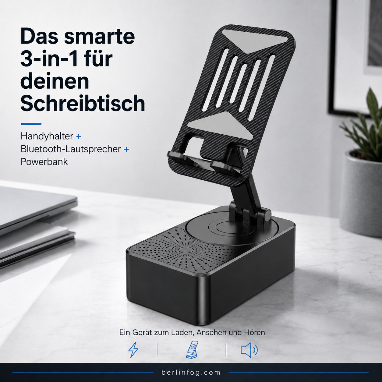 Geschenkauswahl – 3 in 1 – Kabelloser Bluetooth-Lautsprecher, Ladestation, Handyhalterung