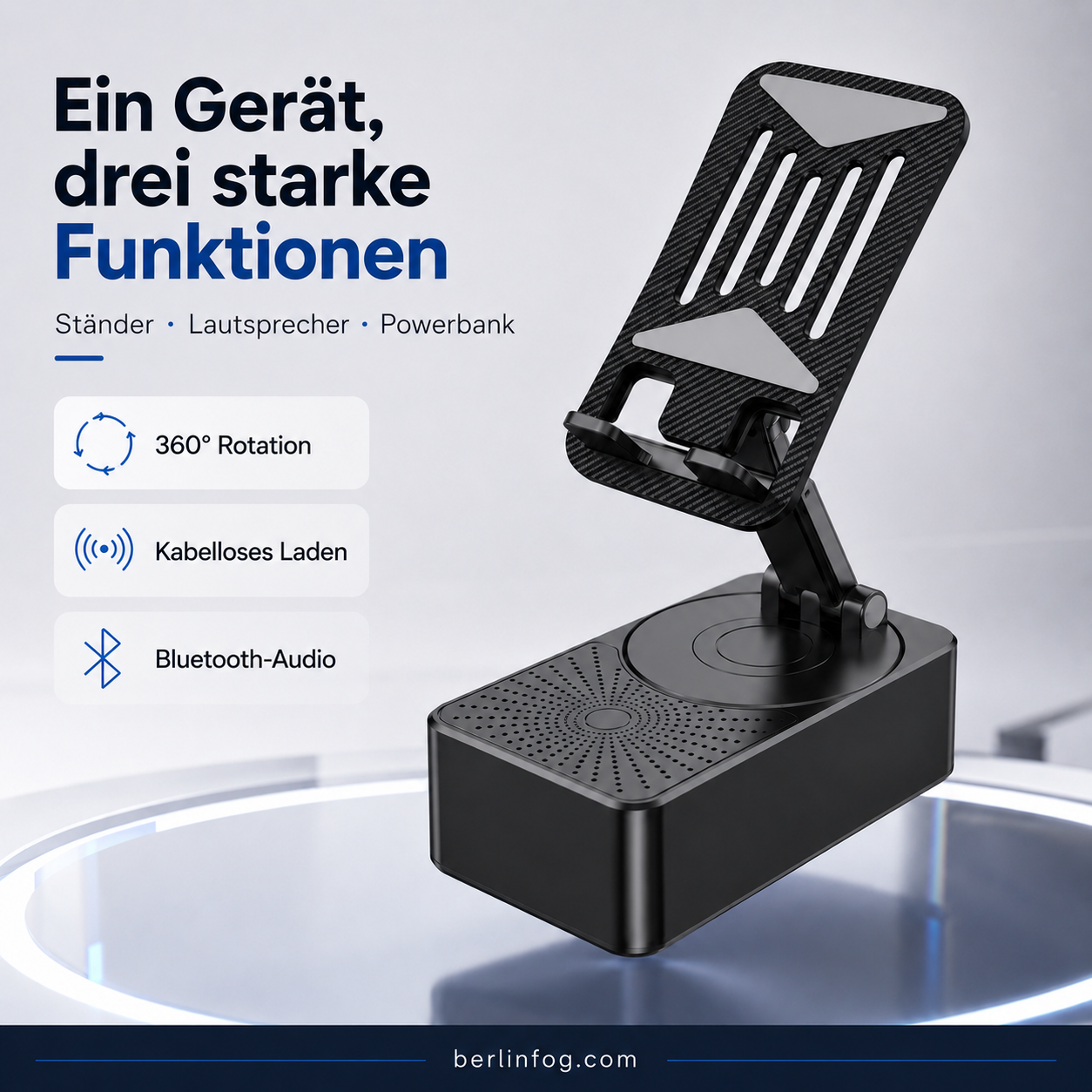 Geschenkauswahl – 3 in 1 – Kabelloser Bluetooth-Lautsprecher, Ladestation, Handyhalterung