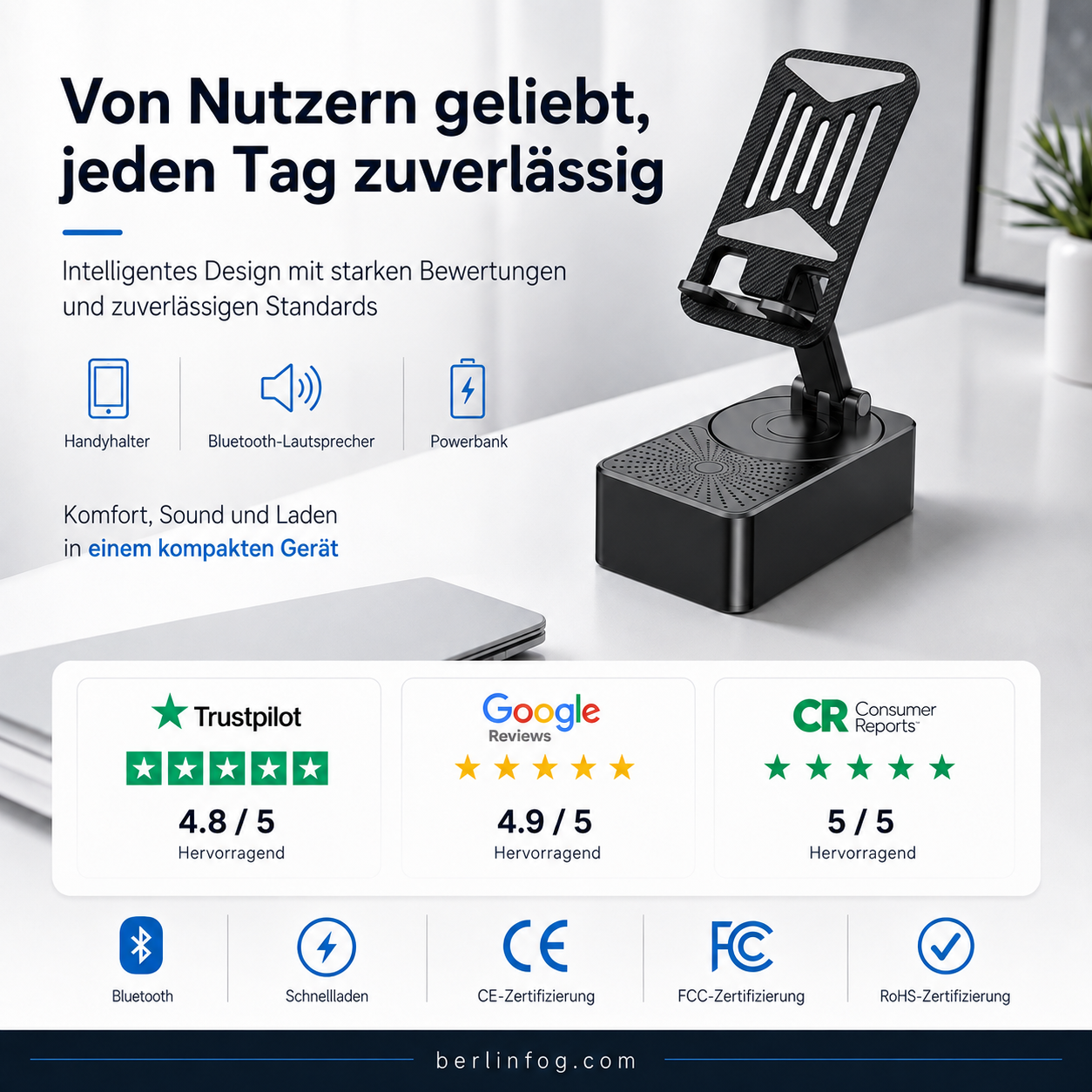Geschenkauswahl – 3 in 1 – Kabelloser Bluetooth-Lautsprecher, Ladestation, Handyhalterung