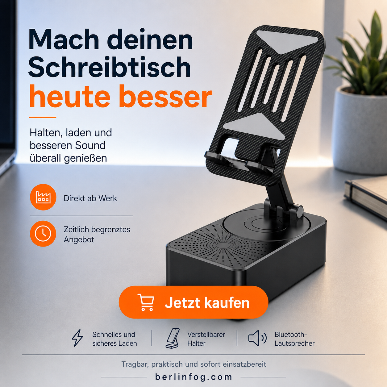 Geschenkauswahl – 3 in 1 – Kabelloser Bluetooth-Lautsprecher, Ladestation, Handyhalterung