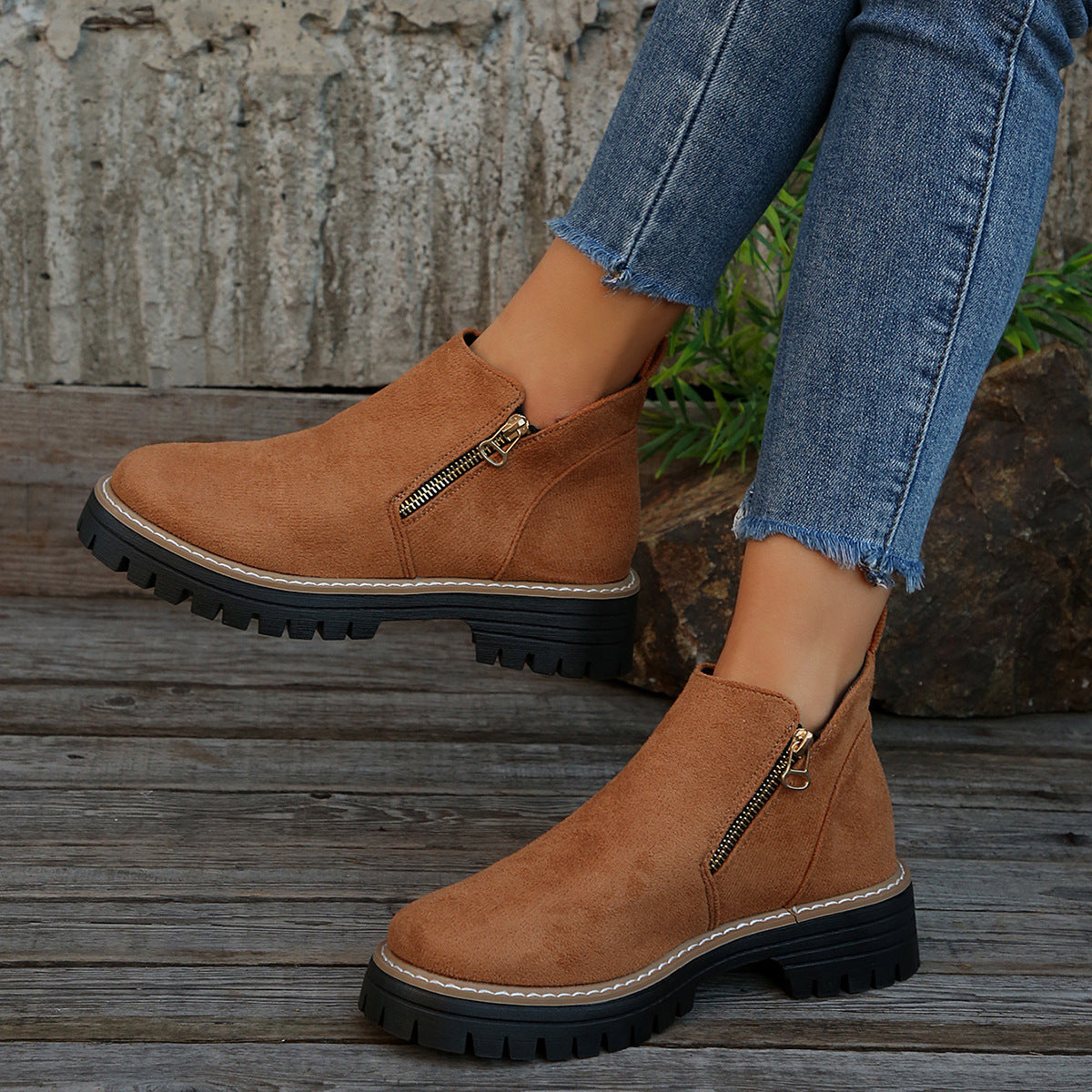 Damen-Stiefeletten mit runder Spitze und seitlichem Reißverschluss