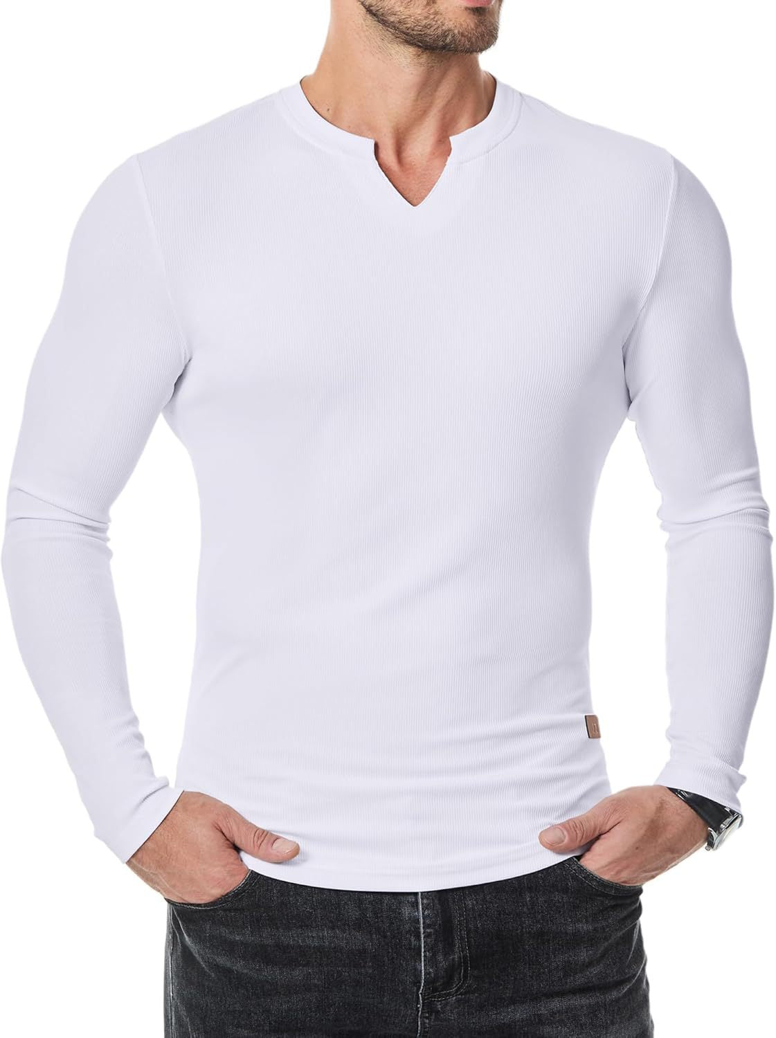 Ripp-Langarmshirt mit V-Ausschnitt für Fitness, Training & Sport